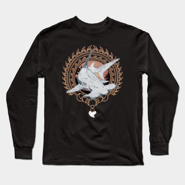Hammerhead Shark Polynesian Design Long Sleeve T-Shirt by NicGrayTees